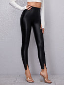 Leather Split Cuff Solid Leggings - Shop Women's T-shirts, blouses, Leggings & Trousers online - Luwos