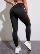 Solid Wide Waistband Sports Leggings With Phone Pocket - Shop Women's T-shirts, blouses, Leggings & Trousers online - Luwos