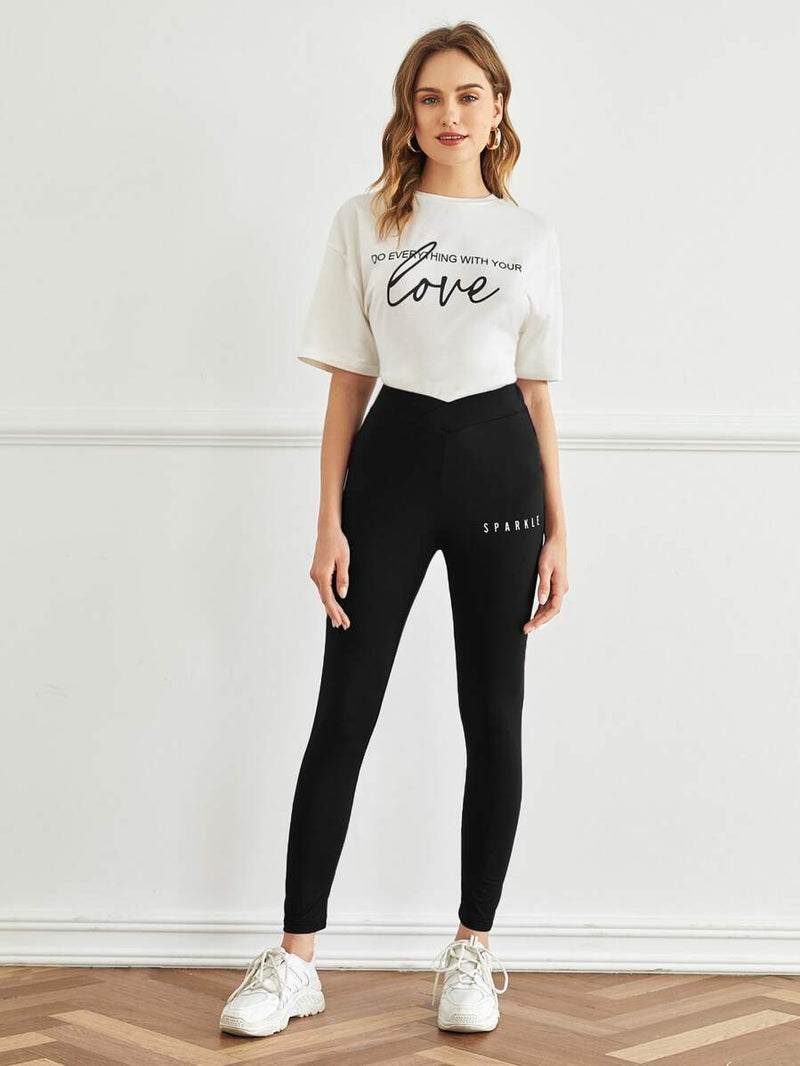 Overlap Waist Letter Graphic Leggings - Shop Women's T-shirts, blouses, Leggings & Trousers online - Luwos