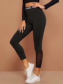 Slogan Graphic Waist Mesh Insert Leggings - Shop Women's T-shirts, blouses, Leggings & Trousers online - Luwos