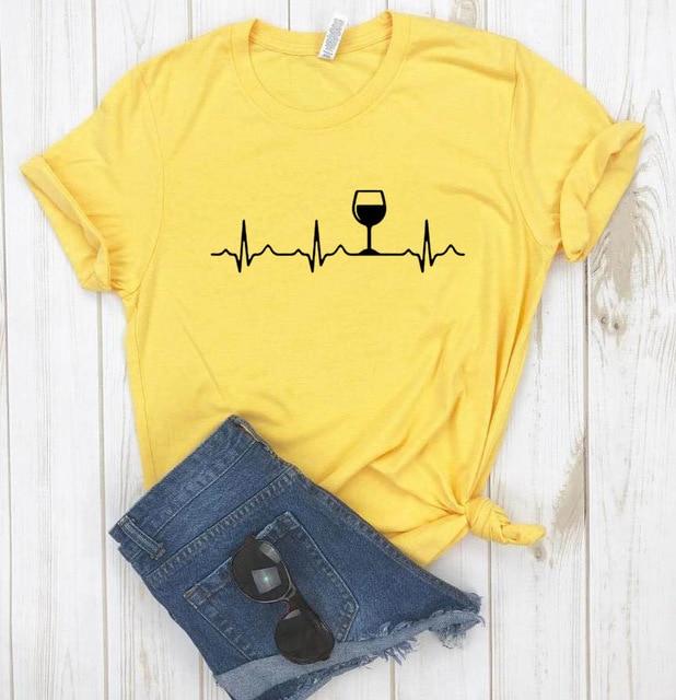 Wine Heartbeat Print T Shirt Women Short Sleeve O Neck Loose  2020 Summer - Shop Women's T-shirts, blouses, Leggings & Trousers online - Luwos