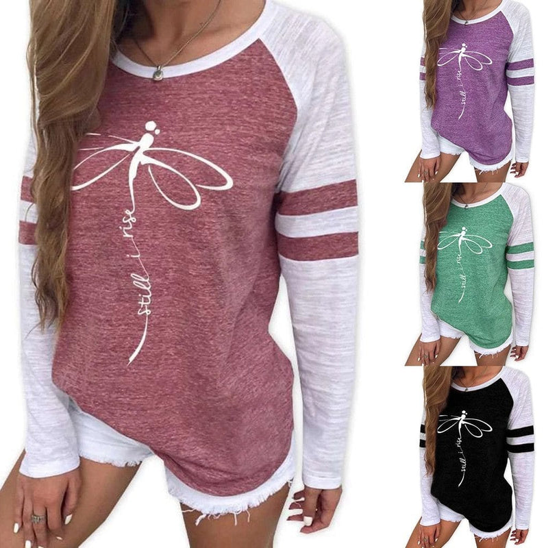 t shirt fashion dragonfly Printing Round Neck Long Sleeve - Shop Women's T-shirts, blouses, Leggings & Trousers online - Luwos
