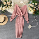 Women's shiny knitted dress Sexy V-neck  puff sleeves