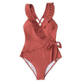 Solid Brick-red V-neck Ruffled One-Piece Swimsuit Sexy - Shop Women's T-shirts, blouses, Leggings & Trousers online - Luwos