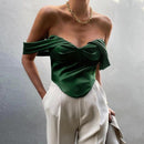 Satin Crop Top Women Green Sleeveless Off Shoulder  Sexy  Slim Irregular Hem