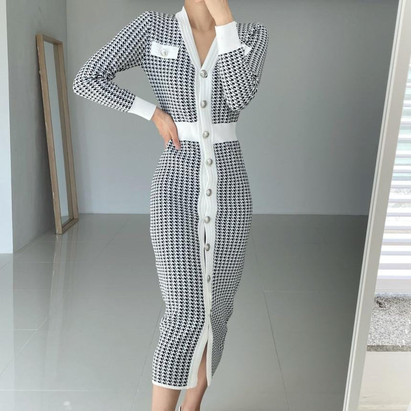 Single-Breasted Houndstooth Knit Long Dress