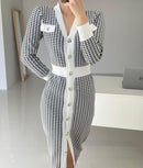 Single-Breasted Houndstooth Knit Long Dress