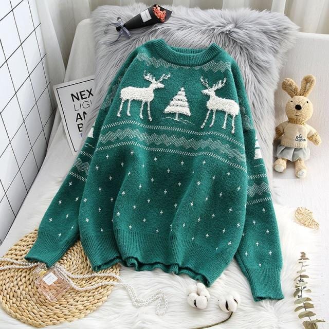 Christmas Deer Knitted Sweater  Loose Outerwear Pullover Women Pullover